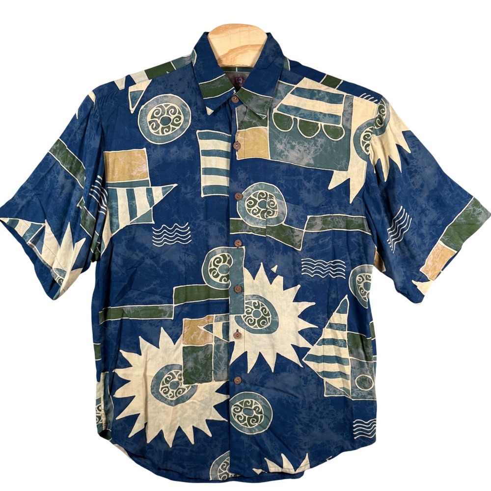 The Territory Ahead Abstract Geometric Button Down Shirt Mens Large Blue Rayon
